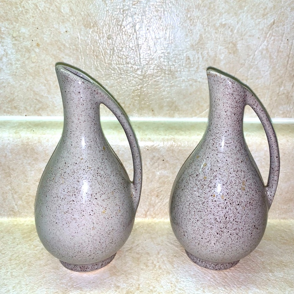 Pair Of Mid Century Art Studio
Speckled Ware Ewers or Dainty Pitchers
6.5” Tall